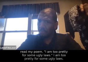 Lateef McLeod, a Black man with cerebral palsy who uses a wheelchair reads his poem with an assisted communication device for a video conference