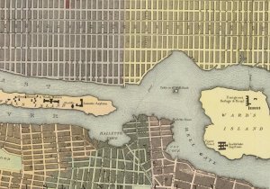 A map showing buildings on islands in the East River