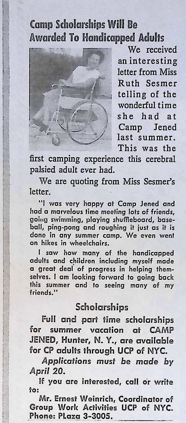 Newsletter clipping with a woman in a wheelchair, turned sideways and smiling for the camera