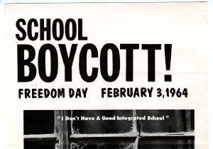 Flyer for school boycott showing a young Black child looking through a broken window